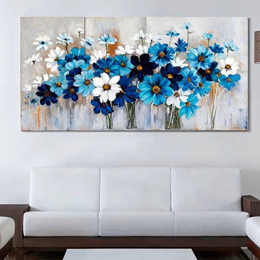 Tableau bouquet de fleurs bleues et blanches