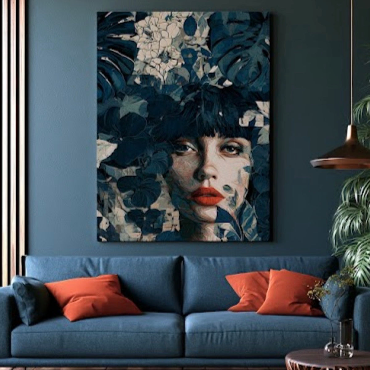 Nuit Tropicale - toile décorative portrait feuillage bleu