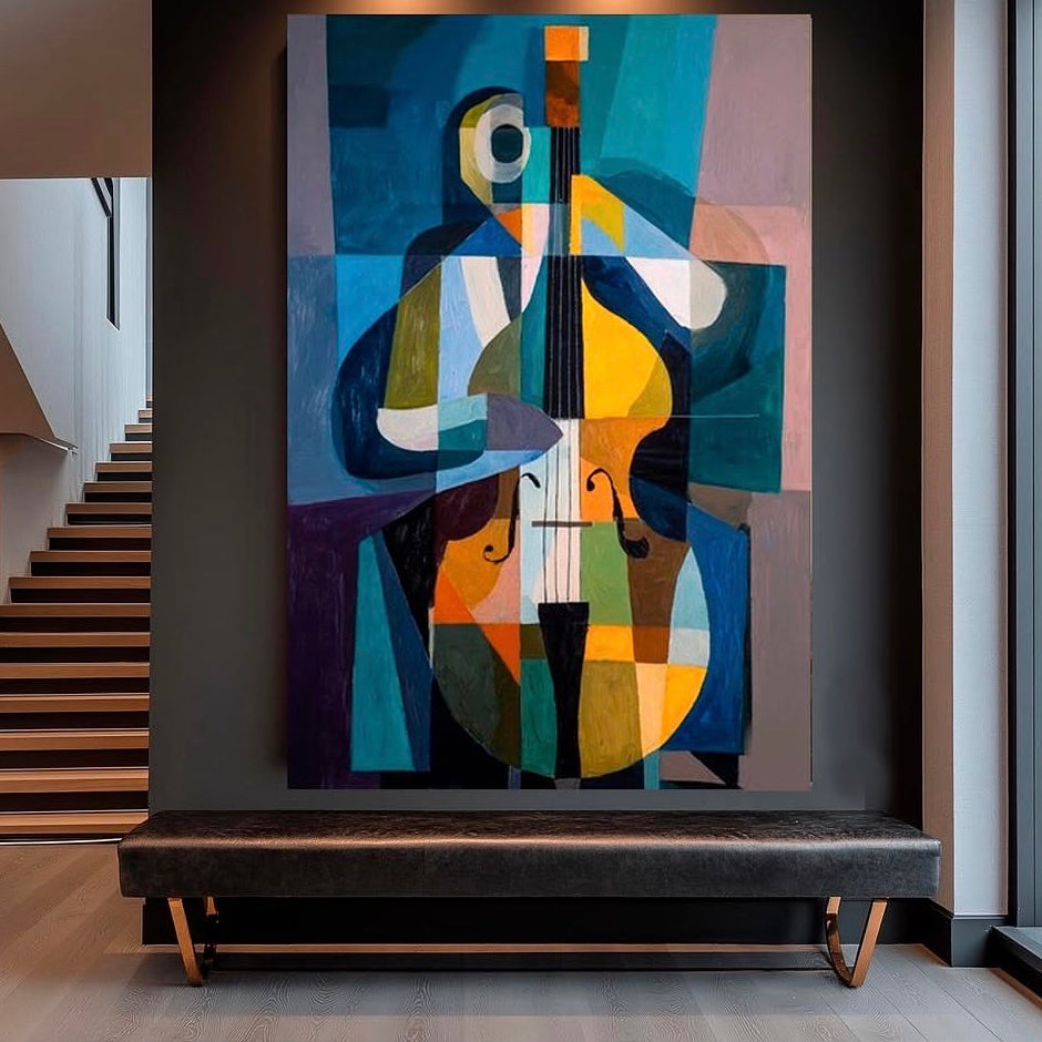 Contrebasse - toile décorative musicien cubiste bleu