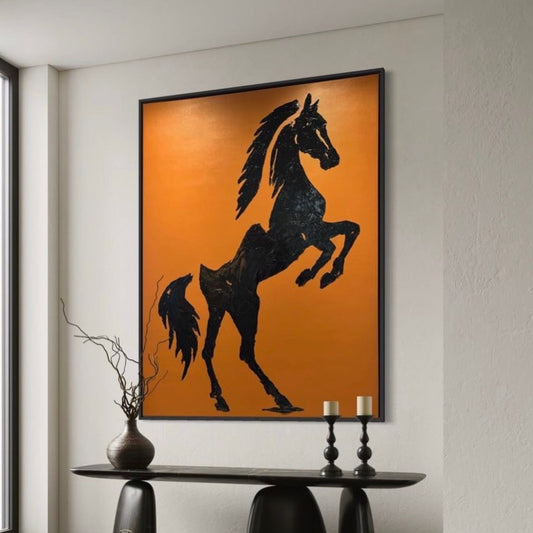 Fougue - toile décorative cheval cabré noir sur fond orange