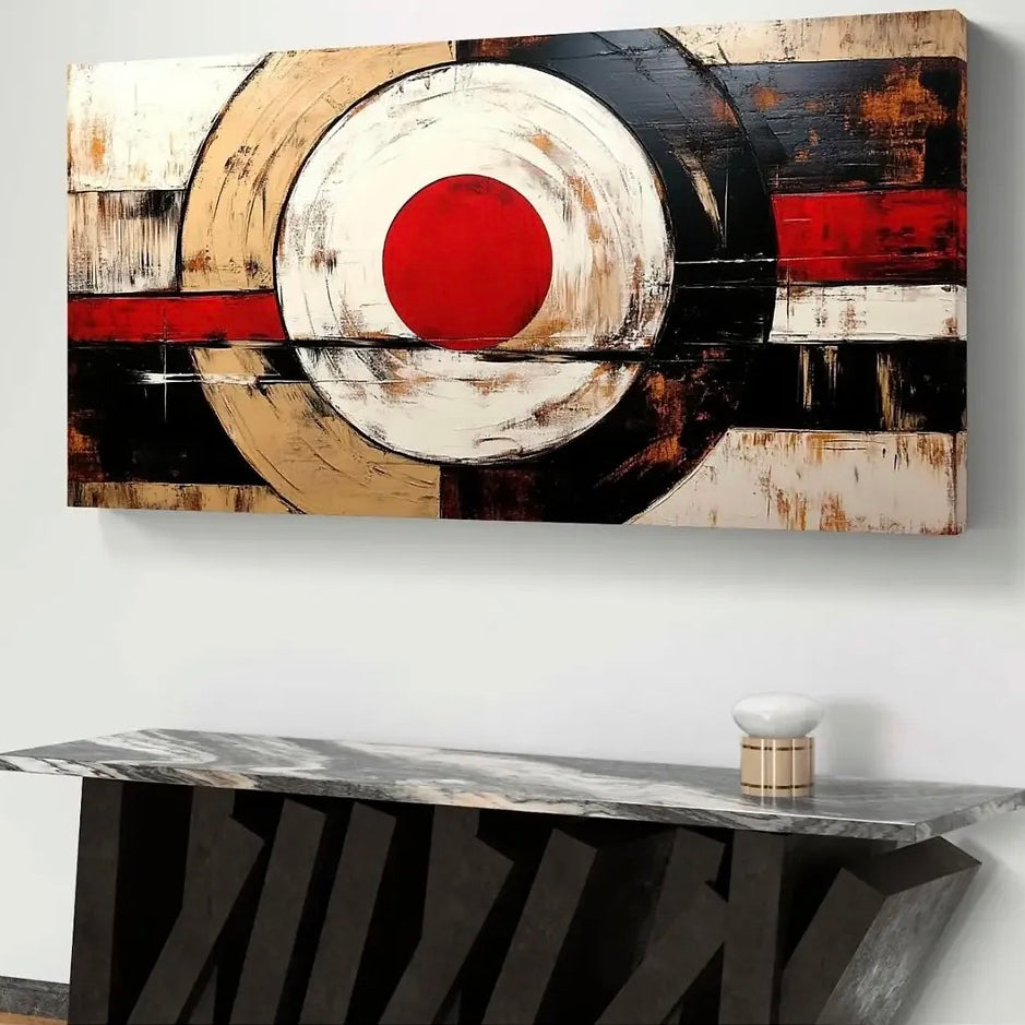 Tableau abstrait cercle rouge sur fond noir et beige