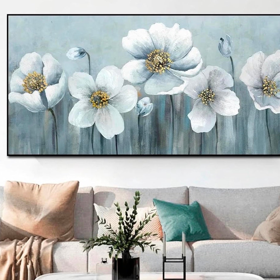 Tableau fleurs blanches sur fond bleu-gris