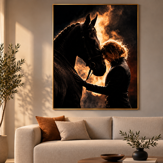 Complicité - toile décorative cavalière et cheval noir