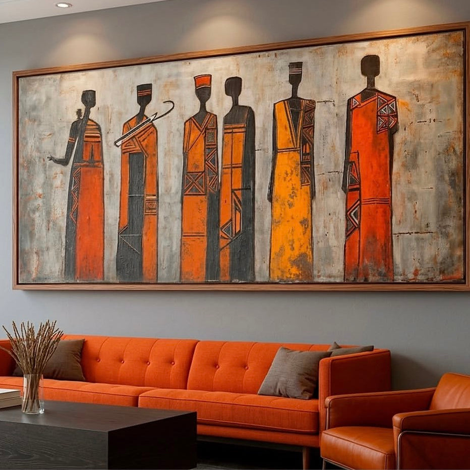 Tableau silhouettes africaines orange et ocre