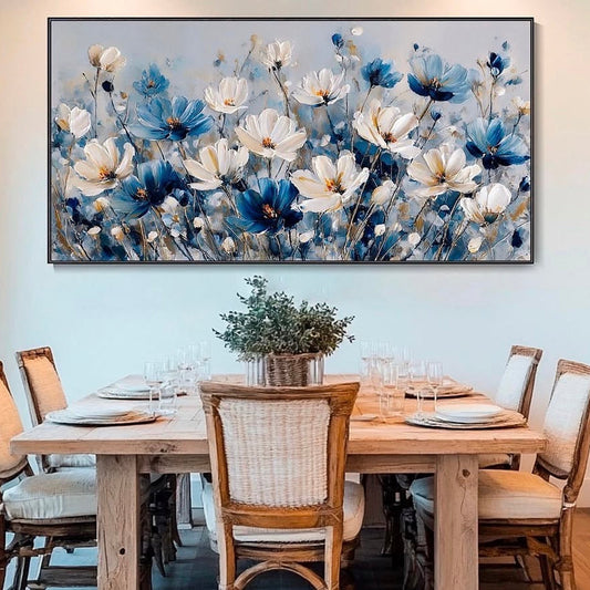 Prairie Bleue - toile décorative fleurs bleues et blanches