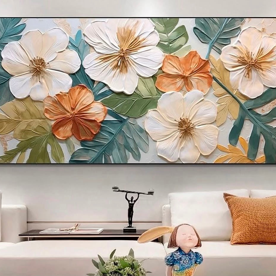 Tableau fleurs blanches et cuivrées avec feuilles vertes en relief