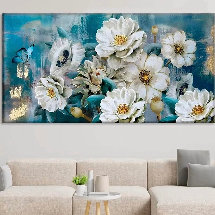 Tableau fleurs blanches sur fond bleu avec papillon